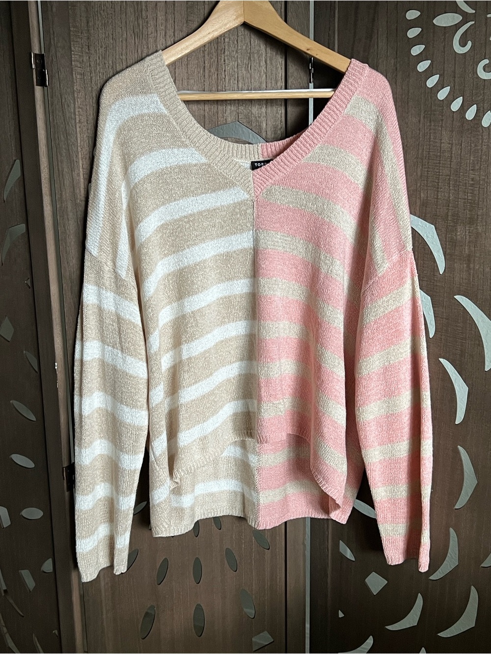 torrid Two-Tone Beige and Pink Striped V-Neck Sweater